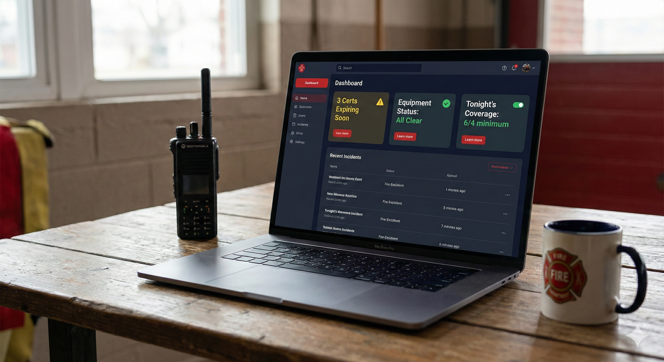 Flare Response chief's dashboard showing cert expirations, equipment status, and coverage