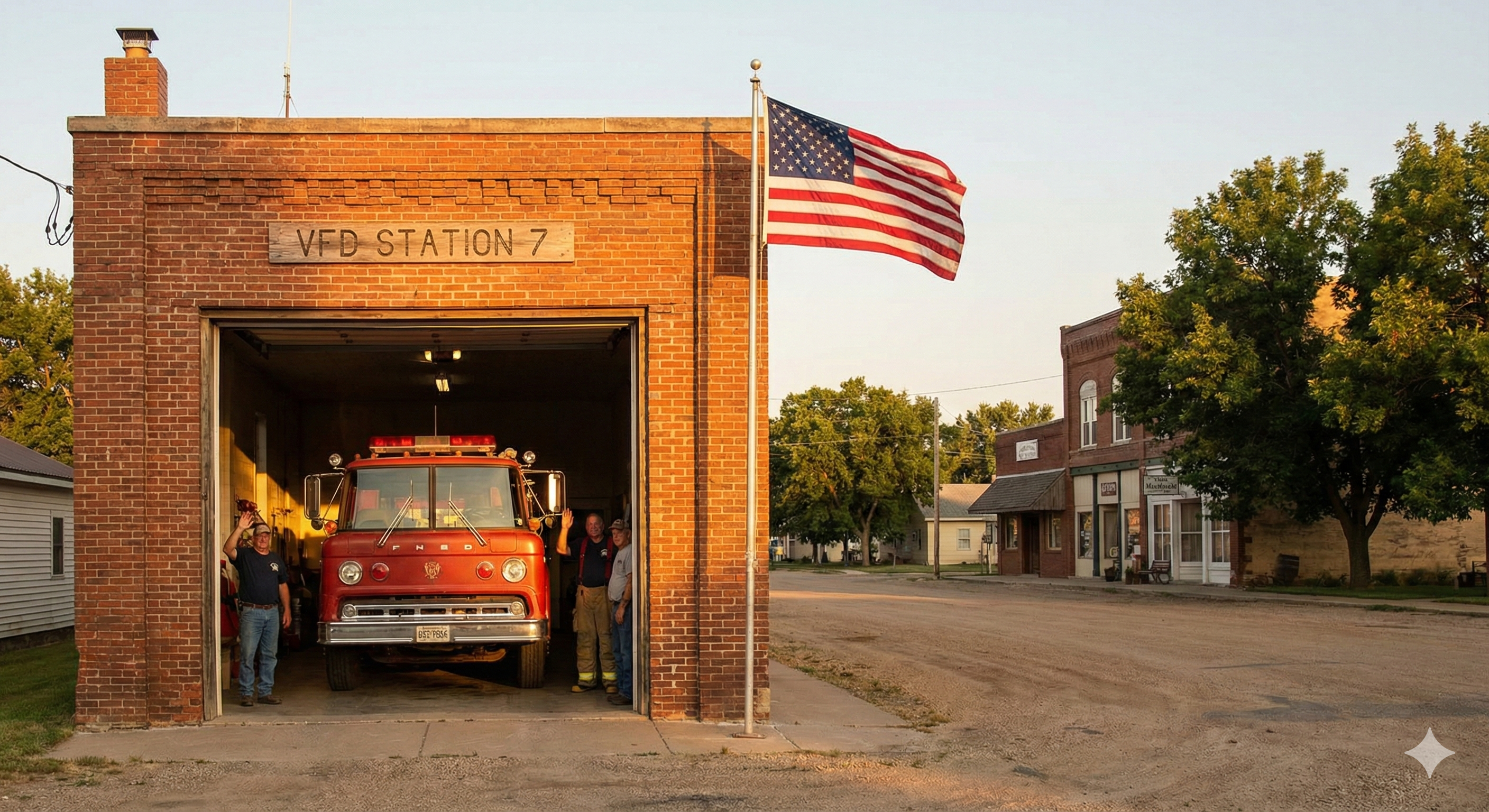 Rural volunteer fire station at golden hour with bay doors open