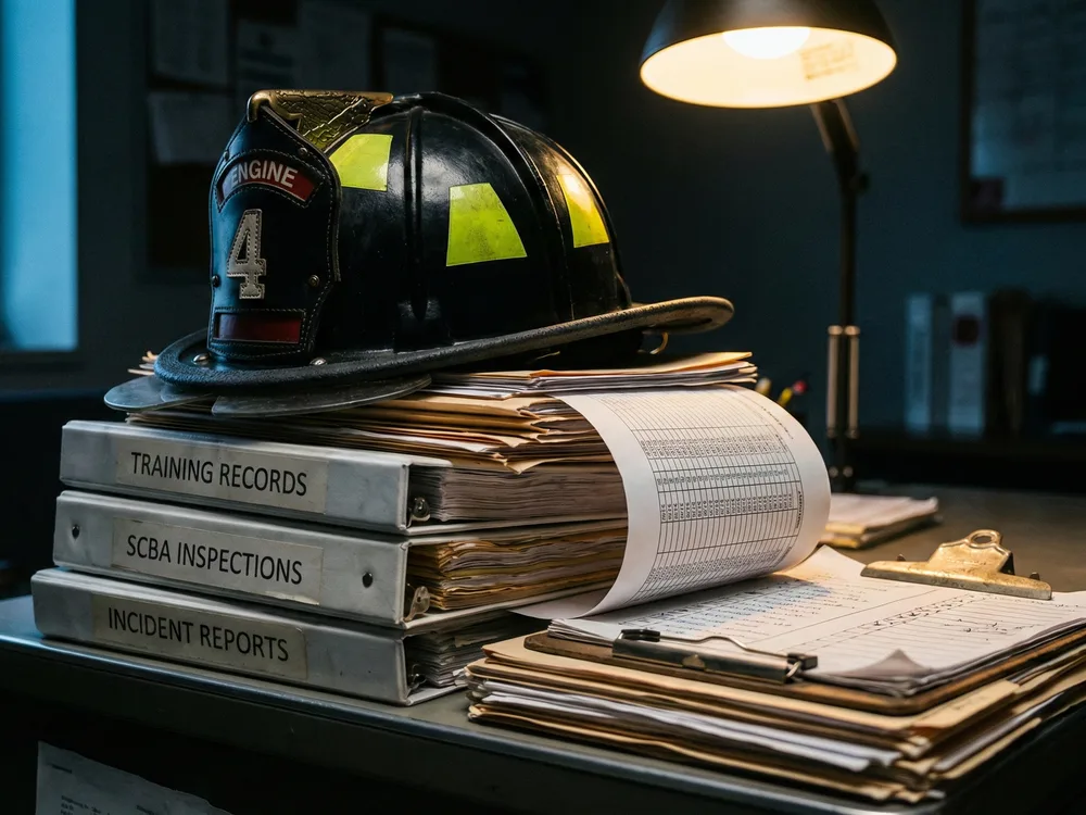 Firefighter helmet resting on binders labeled Training Records, SCBA Inspections, and Incident Reports