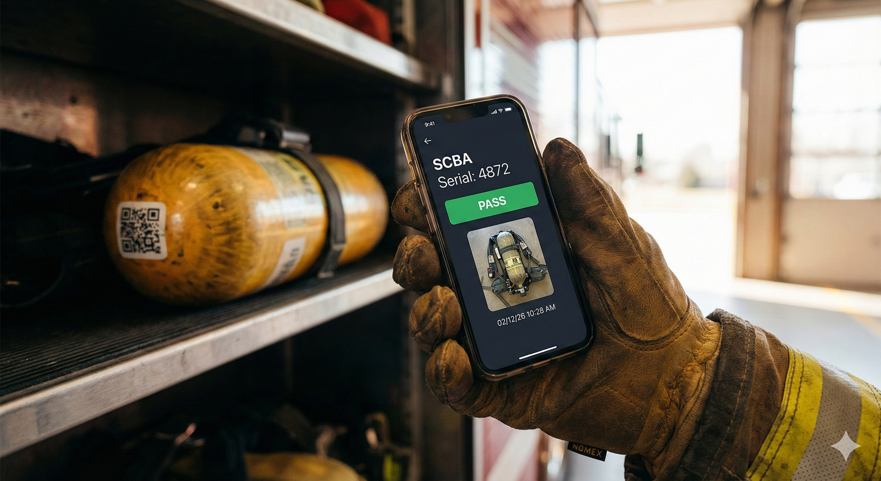 Firefighter scanning QR code on equipment with smartphone inspection form